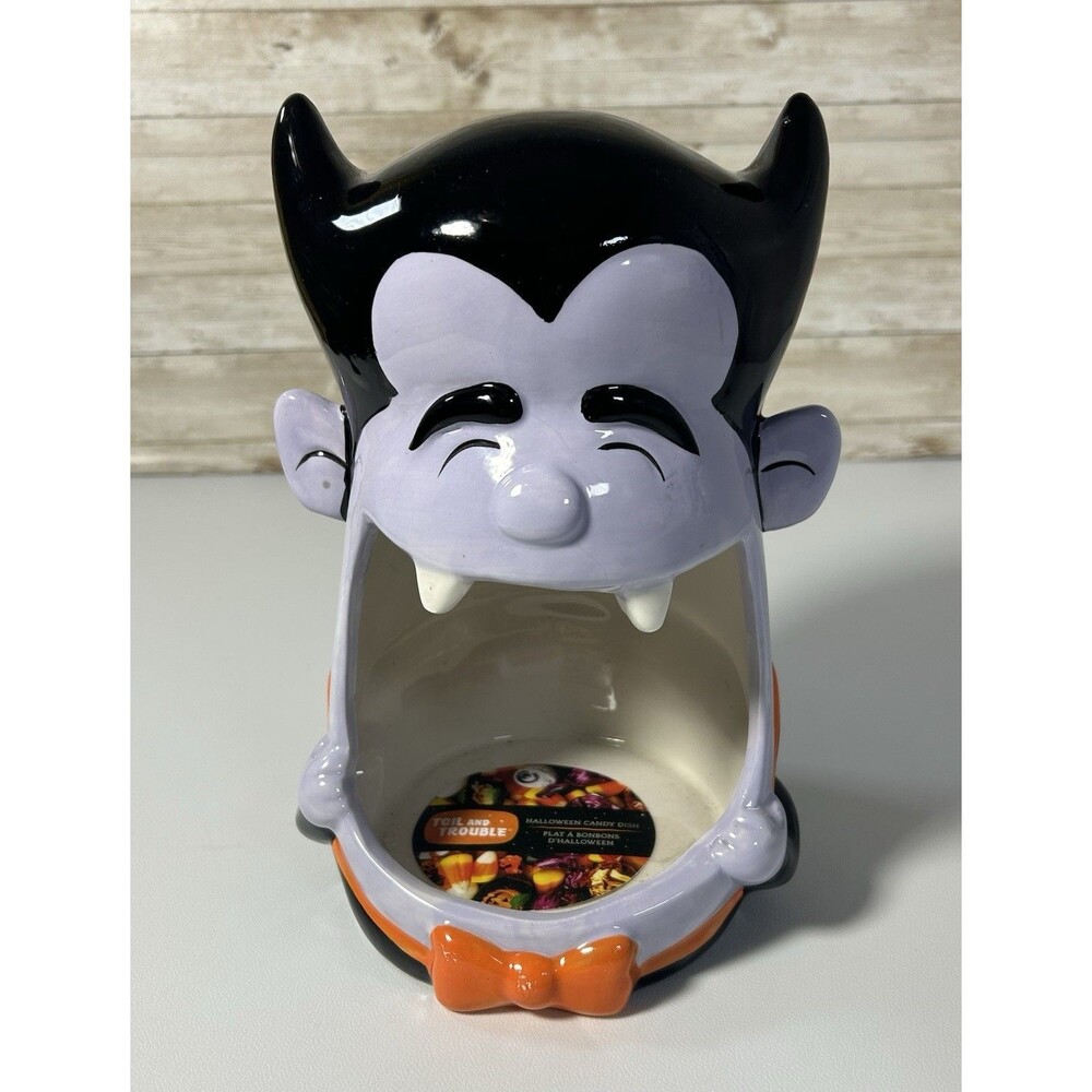 Count Dracula Halloween Ceramic Candy Dish Open Mouth Happy 2 Teeth